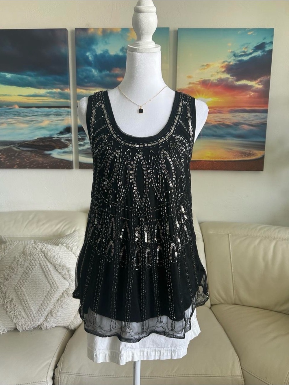 Angie Black Beaded Layered Sleeveless Camisole